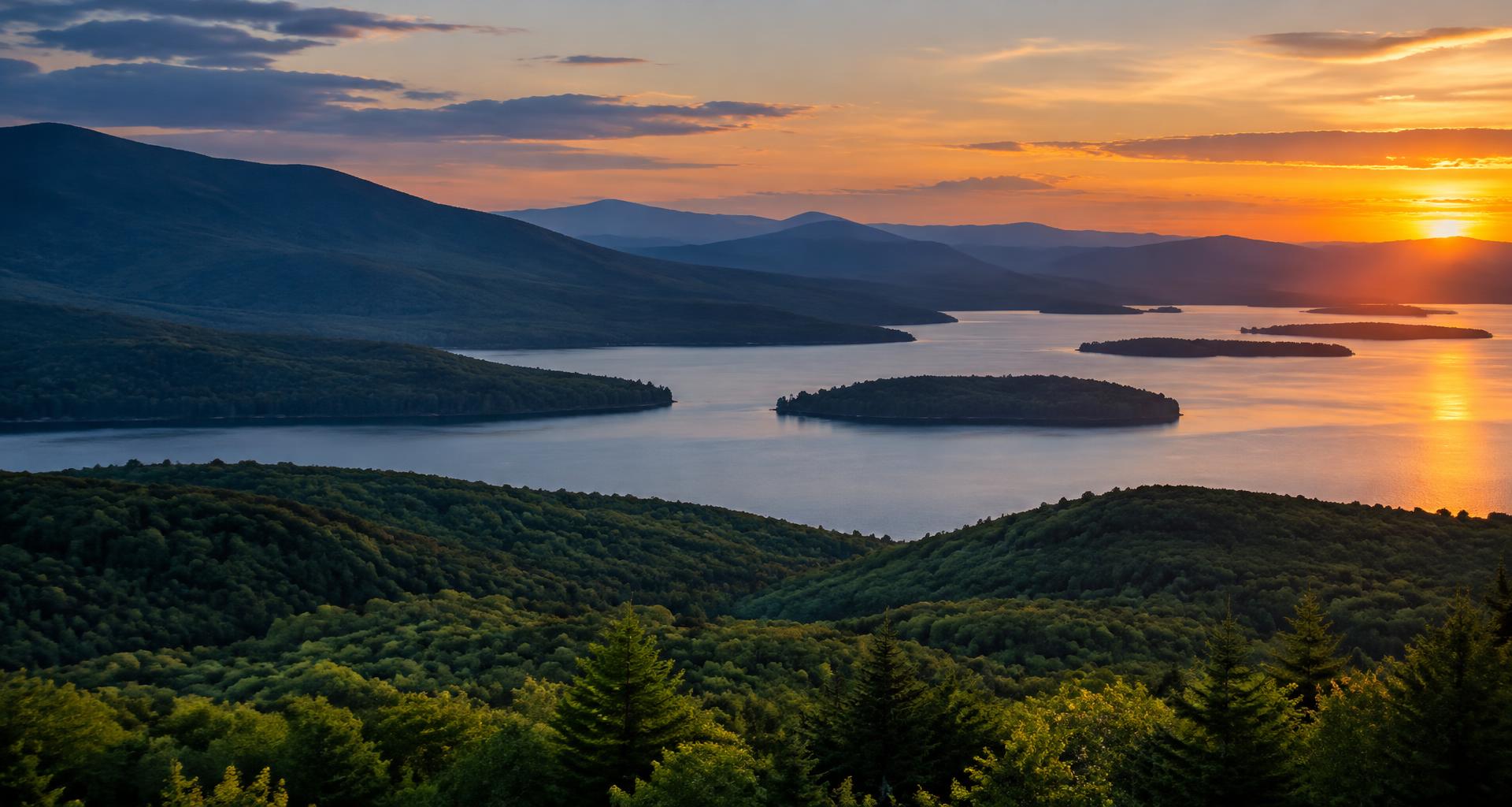 A Vermont-inspired lake and mountain landscape at sunset